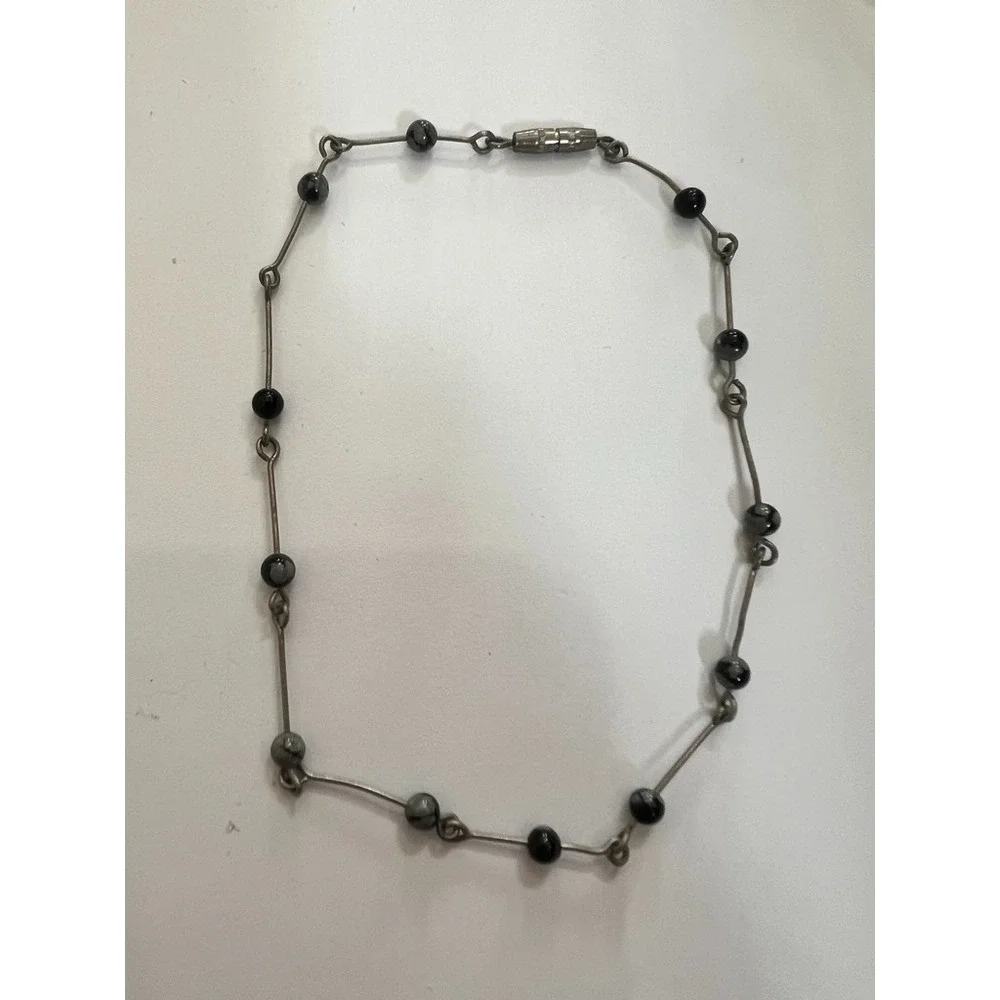 Artisan Wire Beaded Bracelet Gray‎ Black Beads Minimalist Modernist Open Airy